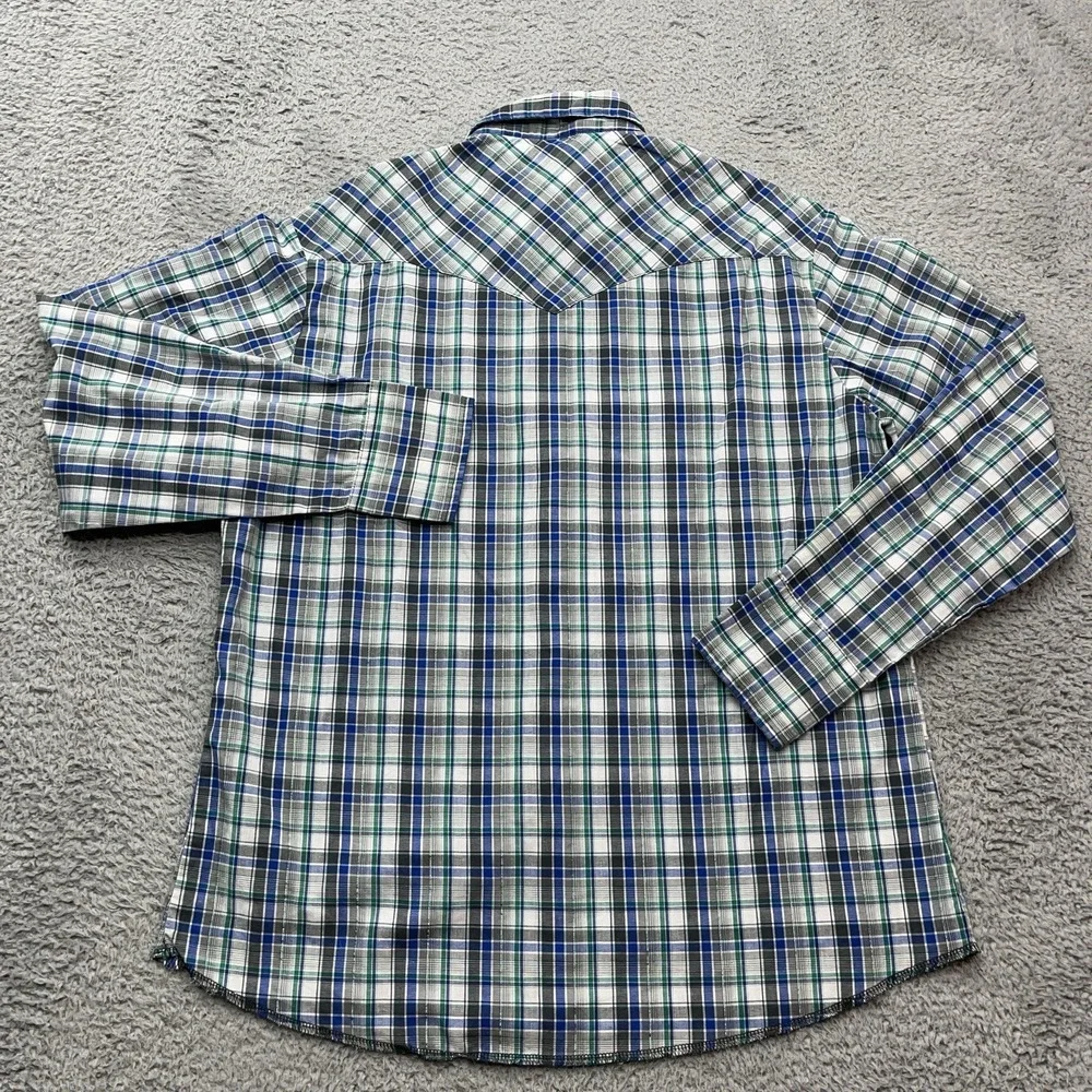 Wrangler Western Pearl Snap Shirt Mens L Blue Green Metallic Tartan Plaid Cowboy
